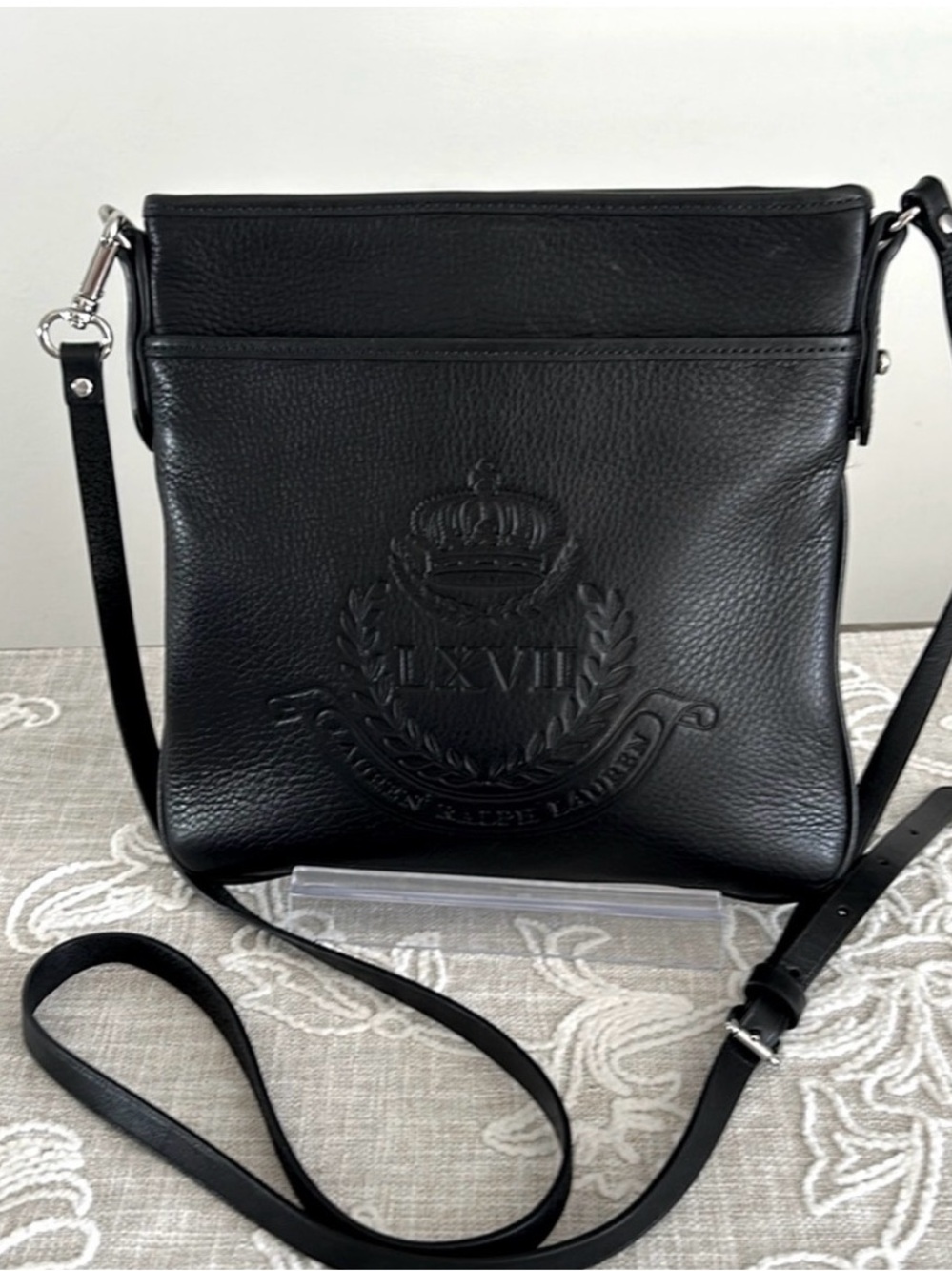 Lauren Ralph Lauren Vintage Black Smooth Leather Embossed Logo Slim Crossbody